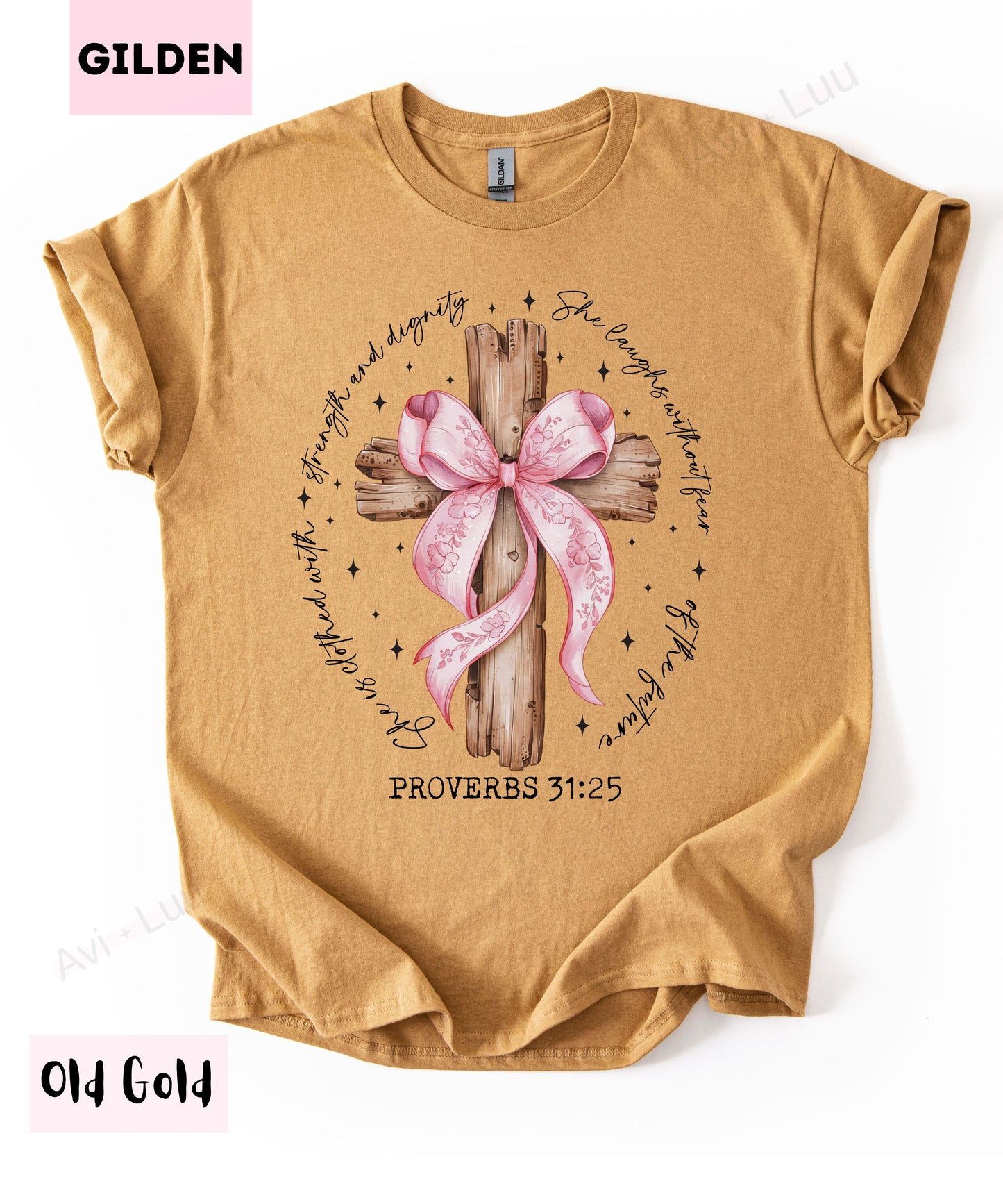 Wooden Cross Pink Bow | Gilden Unisex T-Shirt