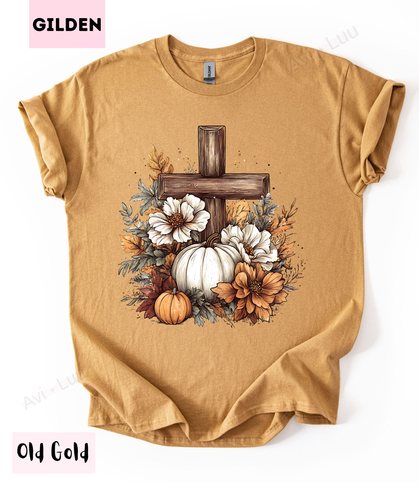Wooden Cross Pumpkin Flower | Gilden Unisex T-Shirt