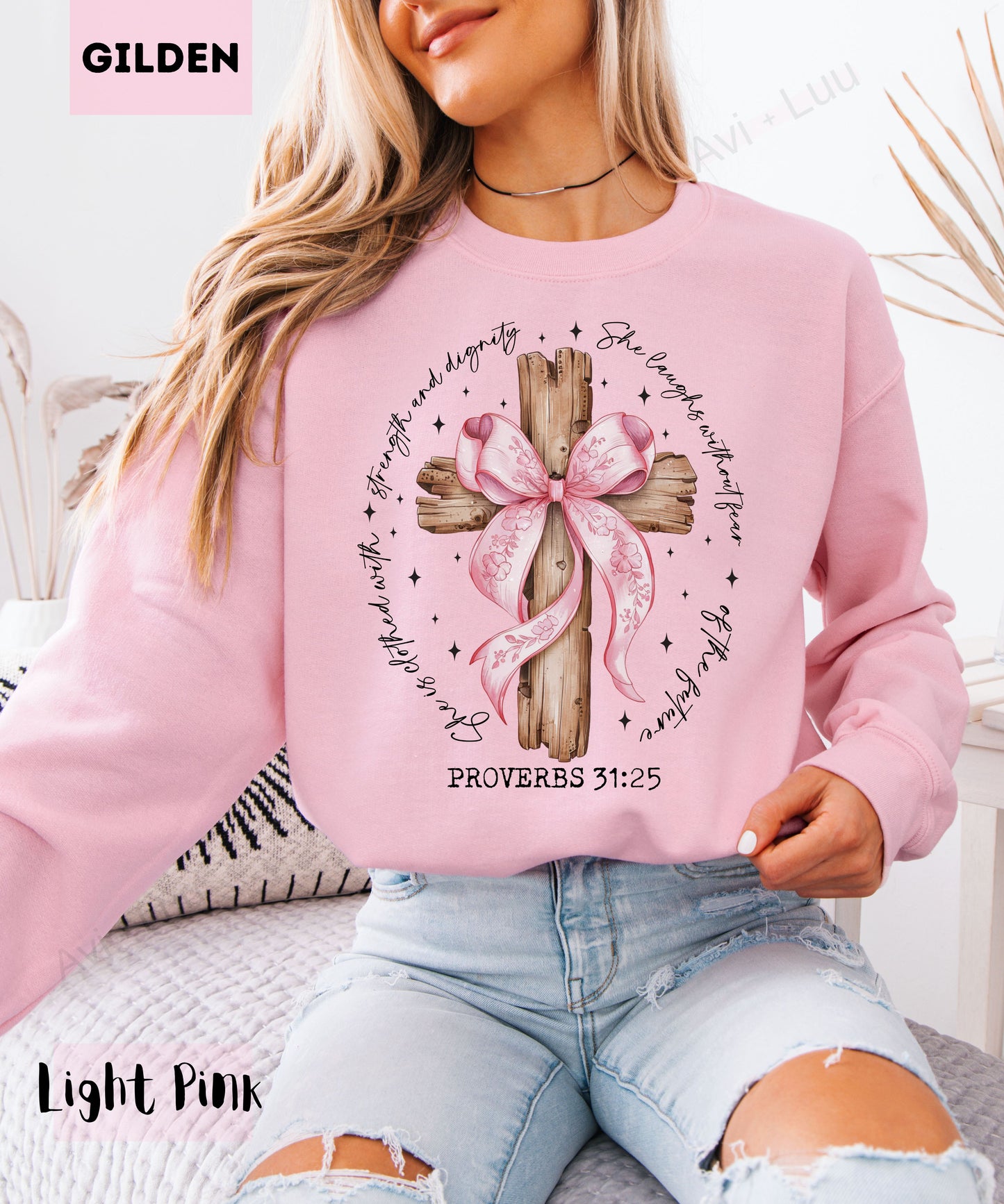 Wooden Cross Pink Bow | Gilden Unisex Sweatshirt