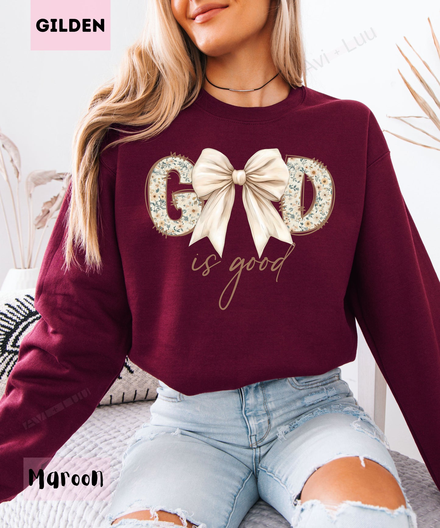 God Is Good Floral Cream Bow | Gilden Unisex Sweatshirt