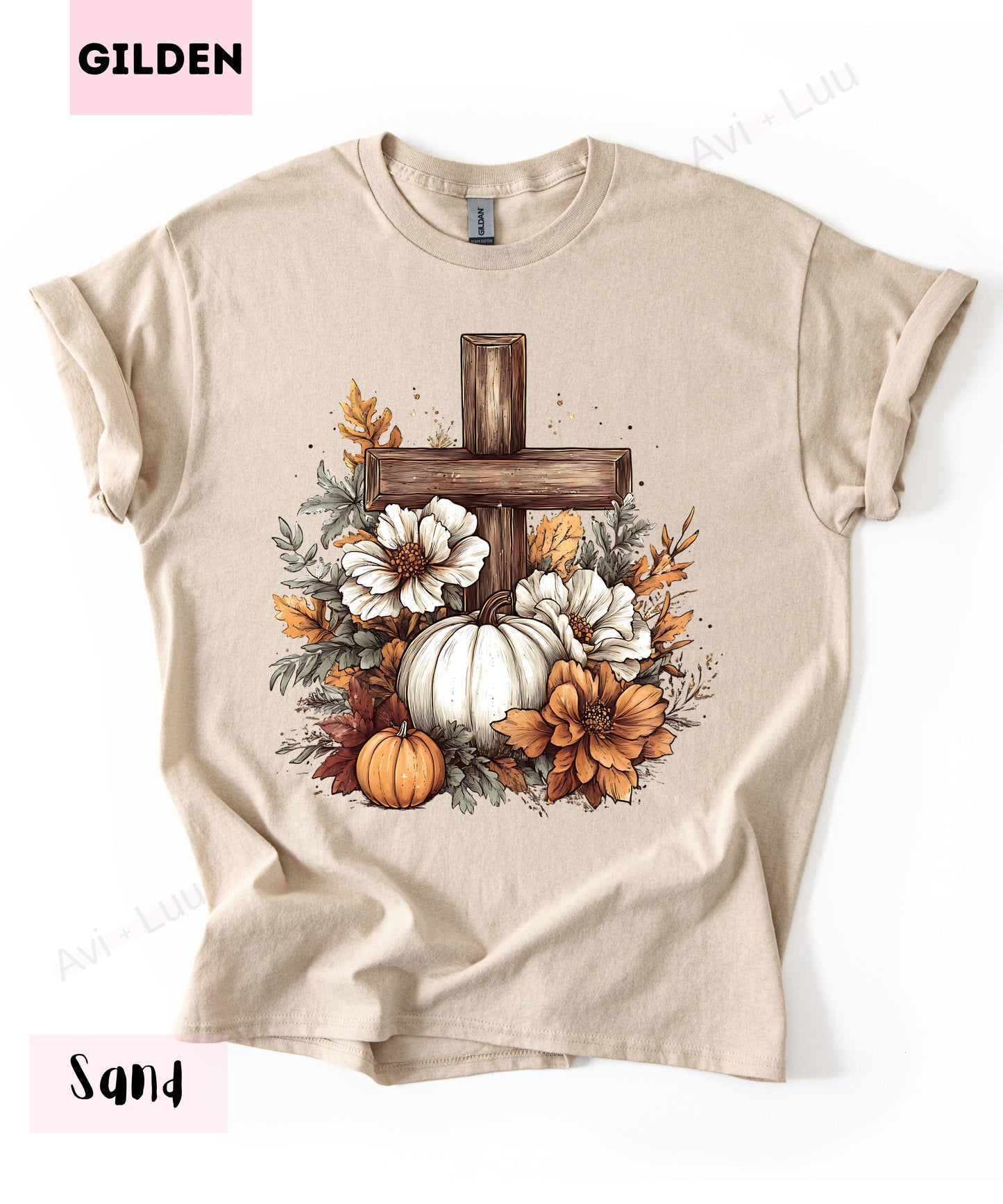 Wooden Cross Pumpkin Flower | Gilden Unisex T-Shirt
