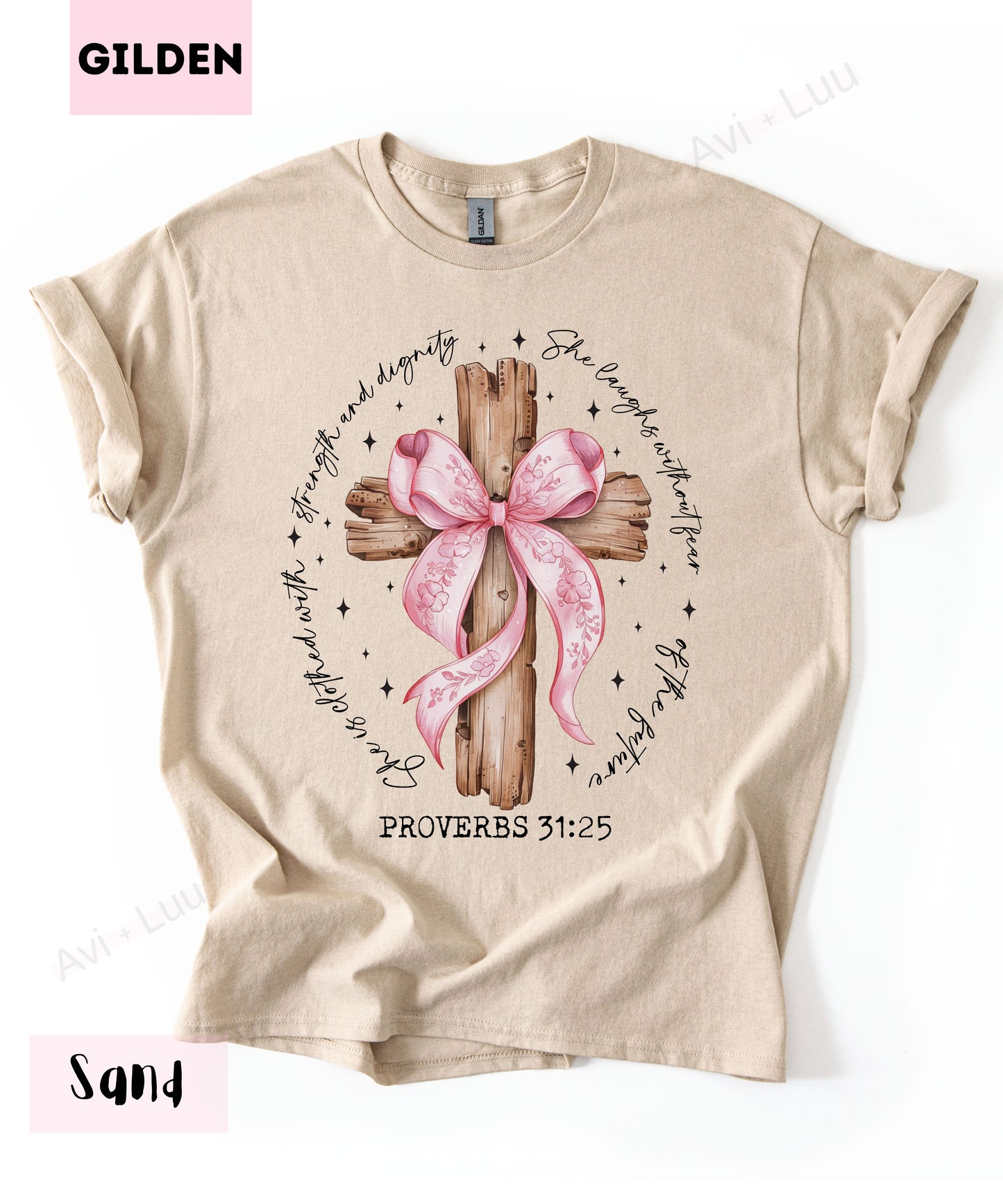 Wooden Cross Pink Bow | Gilden Unisex T-Shirt