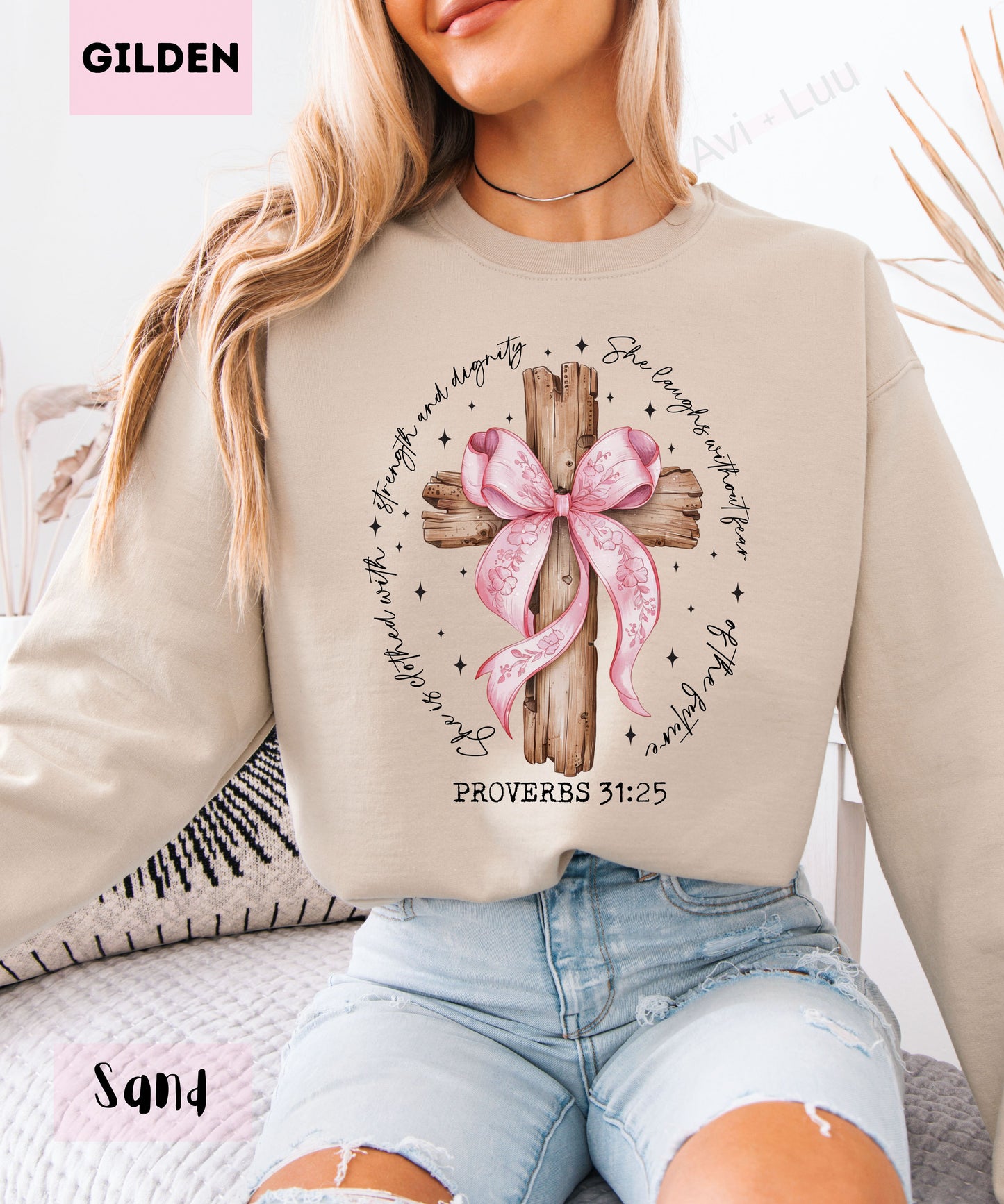 Wooden Cross Pink Bow | Gilden Unisex Sweatshirt