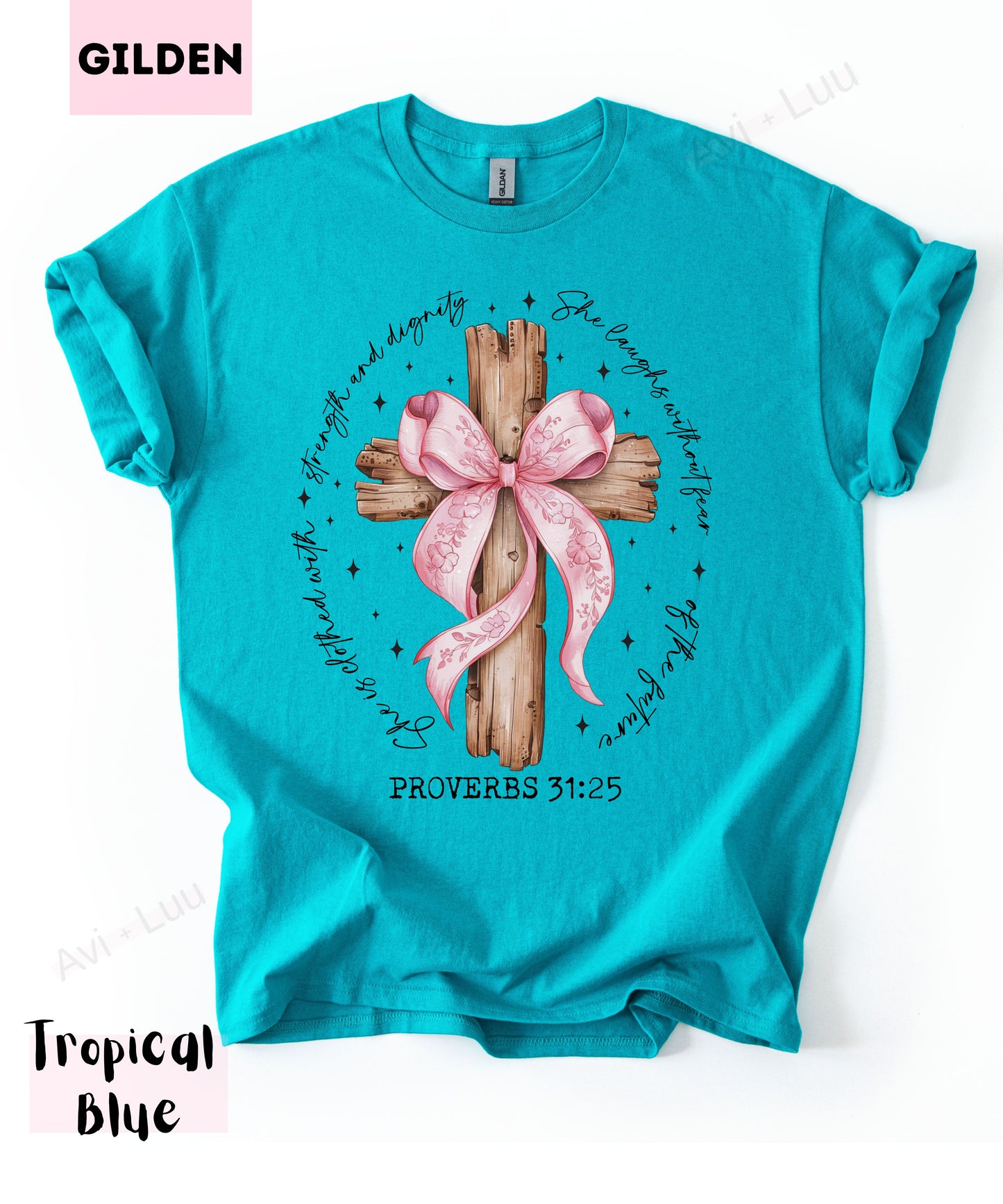 Wooden Cross Pink Bow | Gilden Unisex T-Shirt