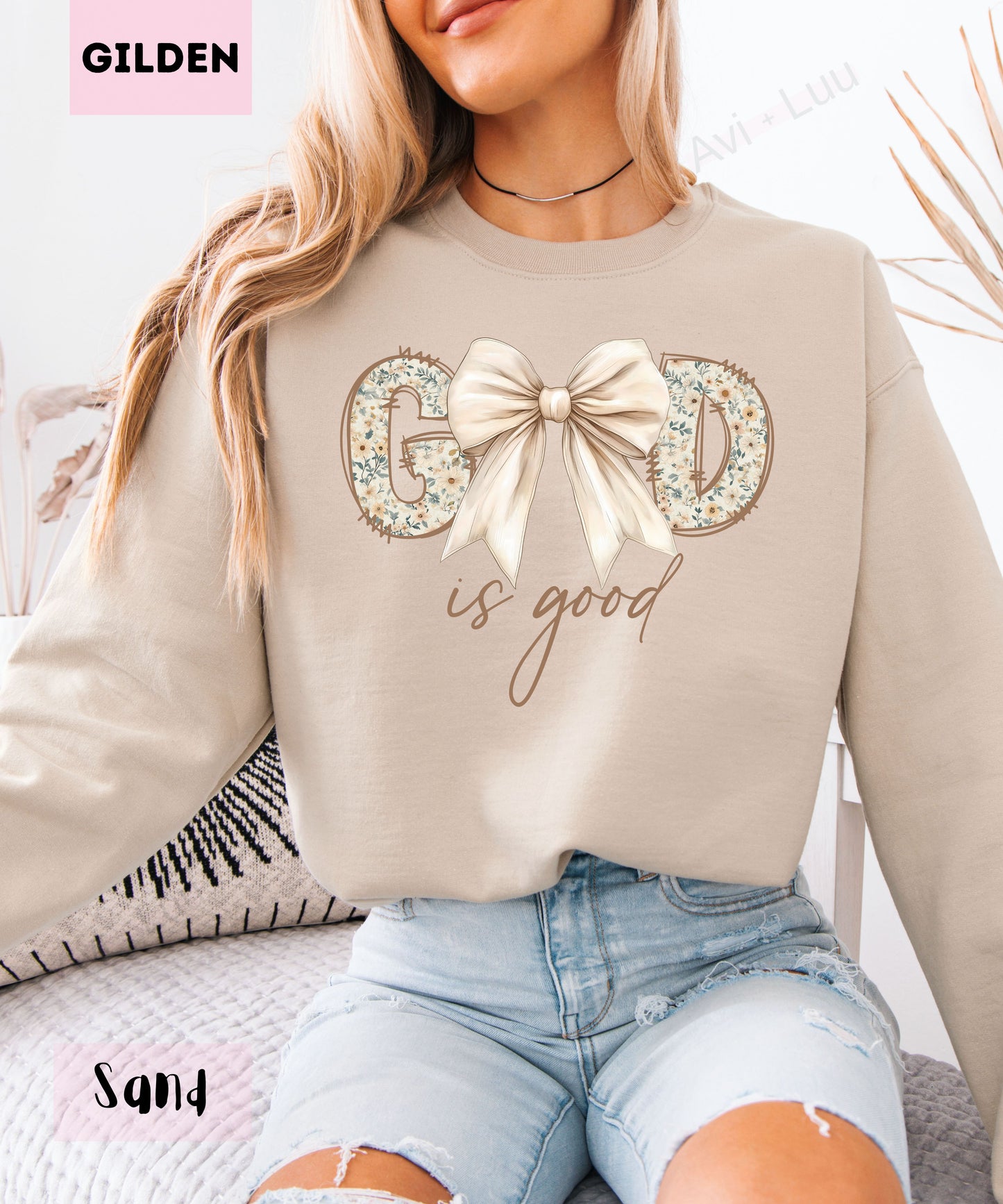 God Is Good Floral Cream Bow | Gilden Unisex Sweatshirt