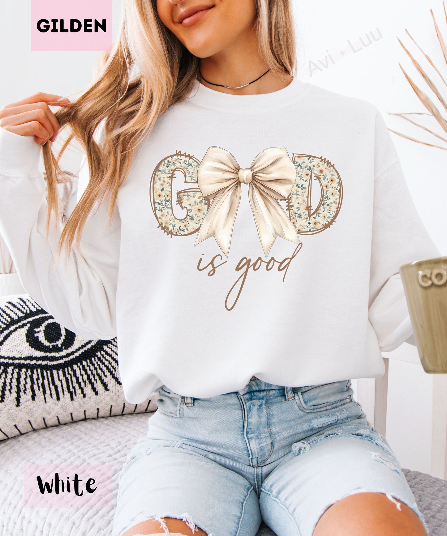 God Is Good Floral Cream Bow | Gilden Unisex Sweatshirt