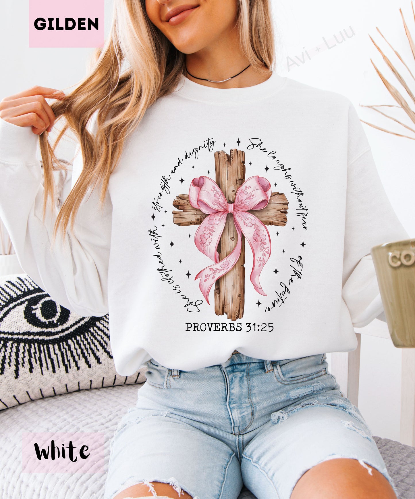 Wooden Cross Pink Bow | Gilden Unisex Sweatshirt
