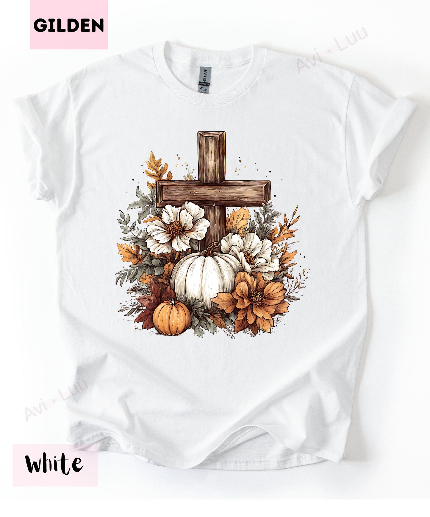 Wooden Cross Pumpkin Flower | Gilden Unisex T-Shirt