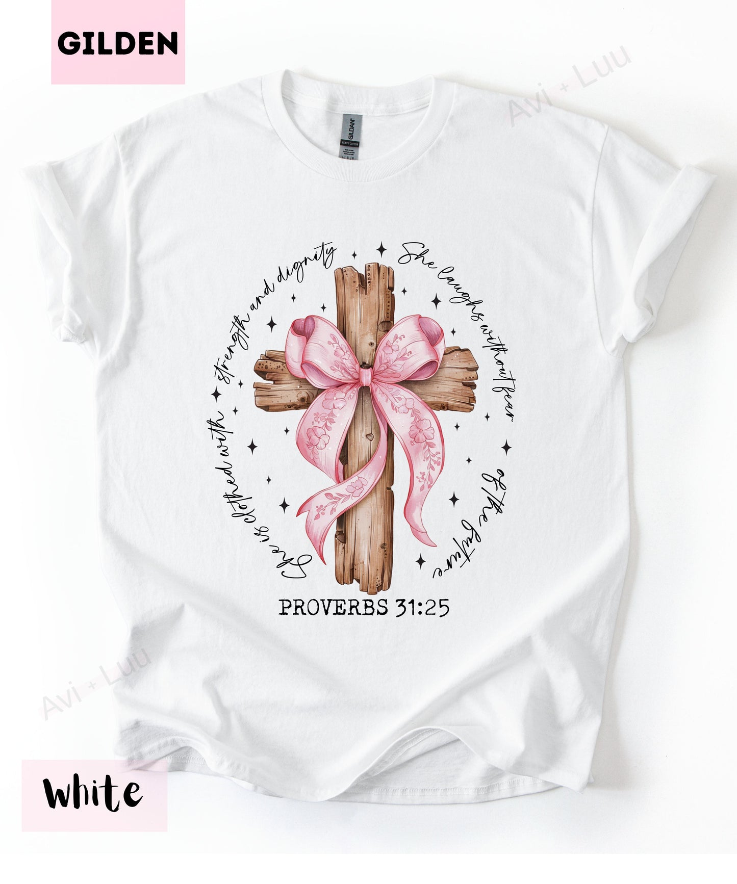 Wooden Cross Pink Bow | Gilden Unisex T-Shirt