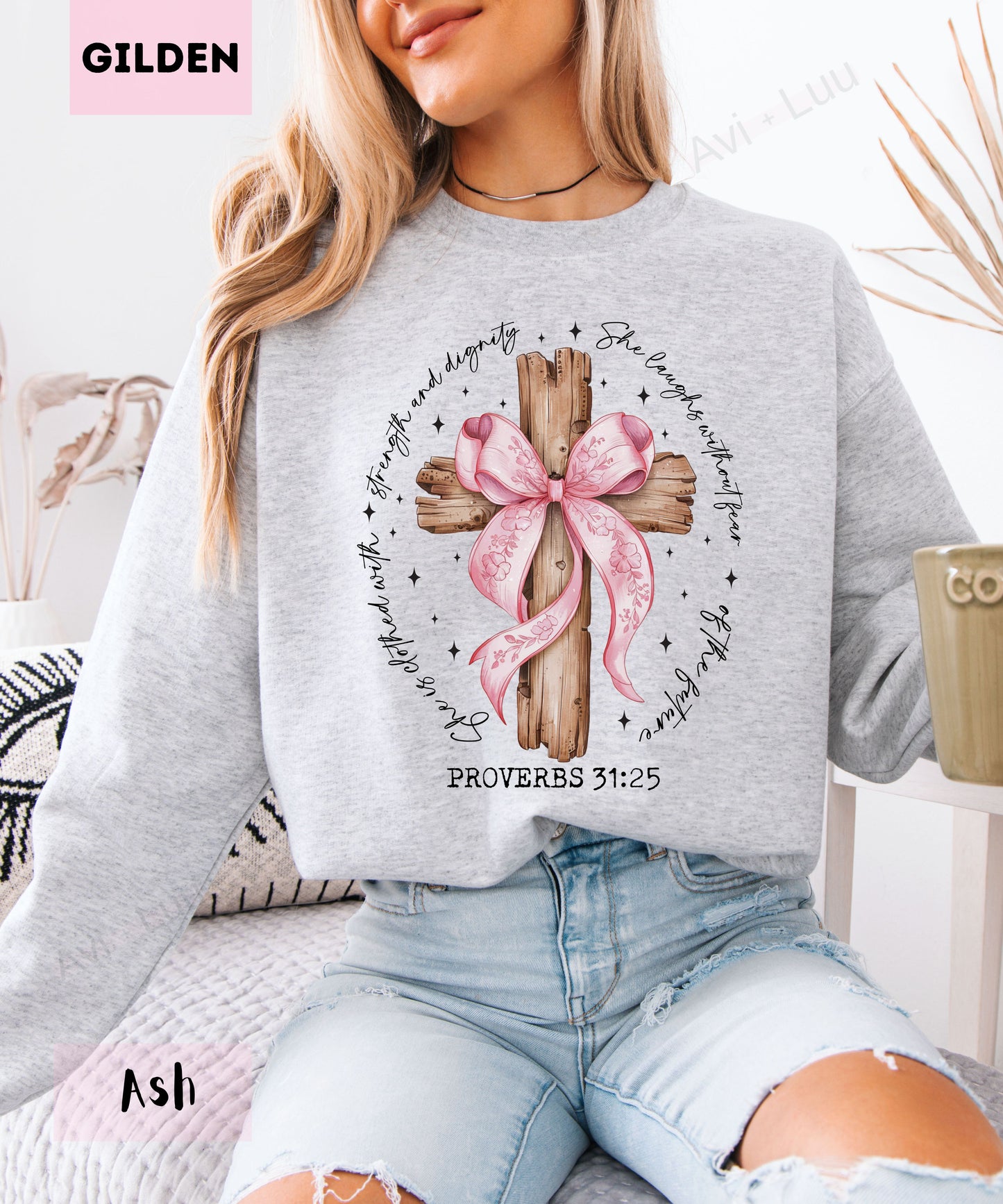 Wooden Cross Pink Bow | Gilden Unisex Sweatshirt