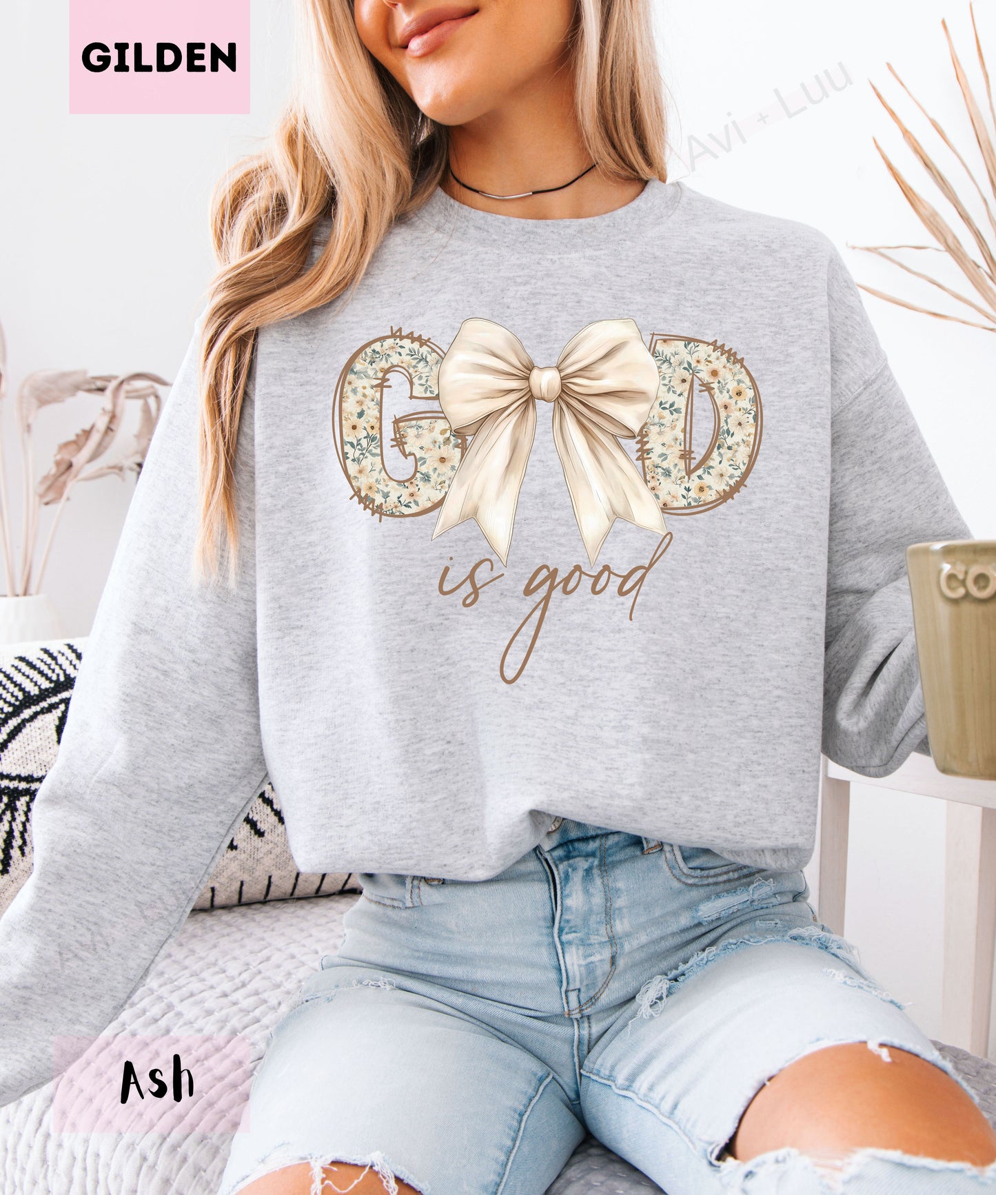 God Is Good Floral Cream Bow | Gilden Unisex Sweatshirt
