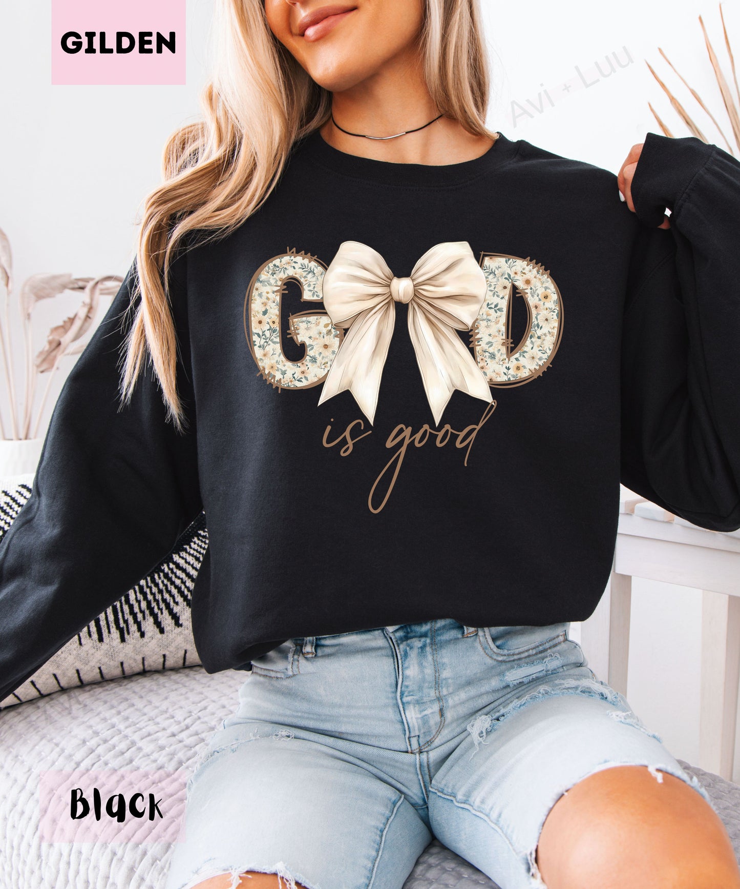 God Is Good Floral Cream Bow | Gilden Unisex Sweatshirt