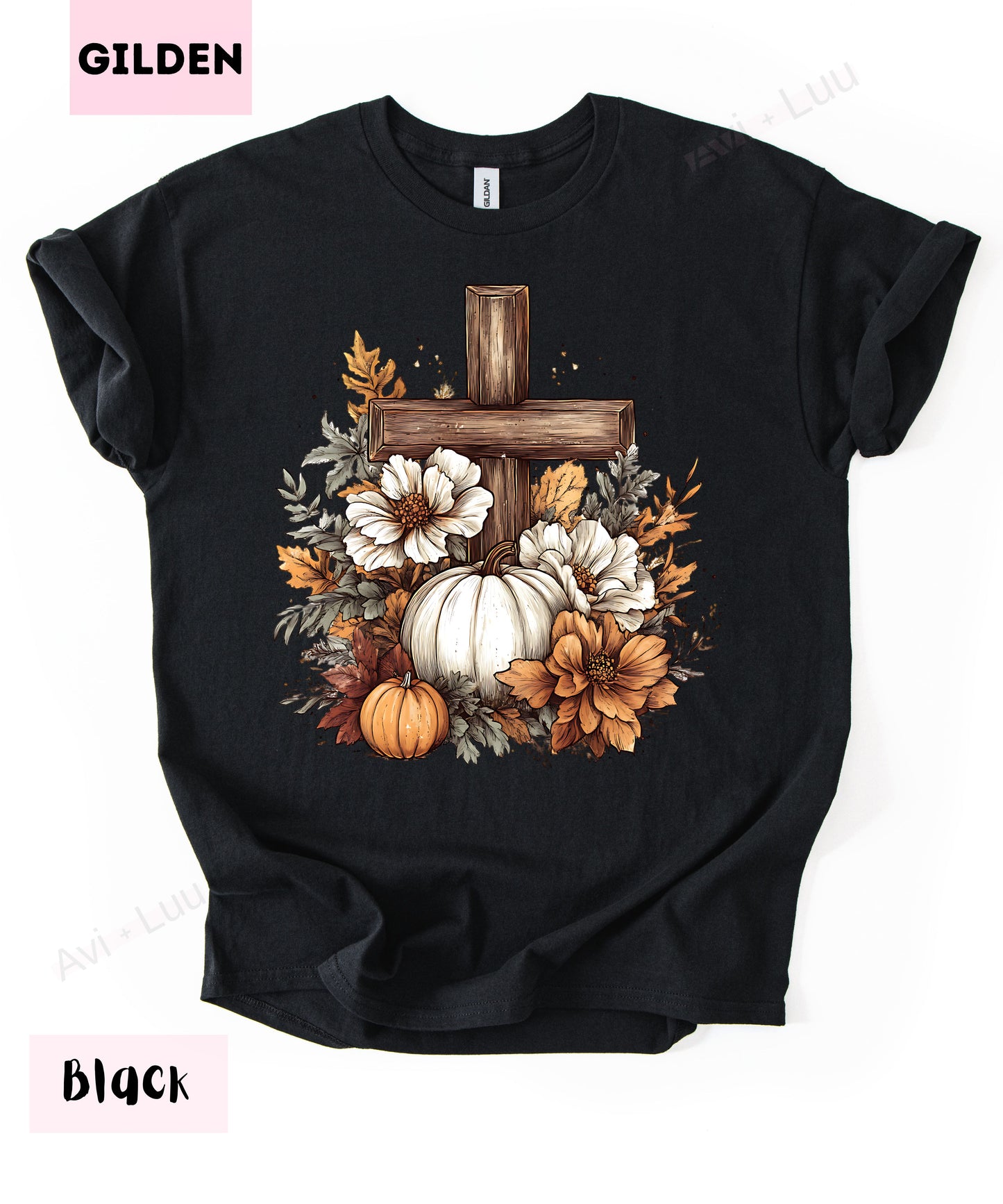 Wooden Cross Pumpkin Flower | Gilden Unisex T-Shirt