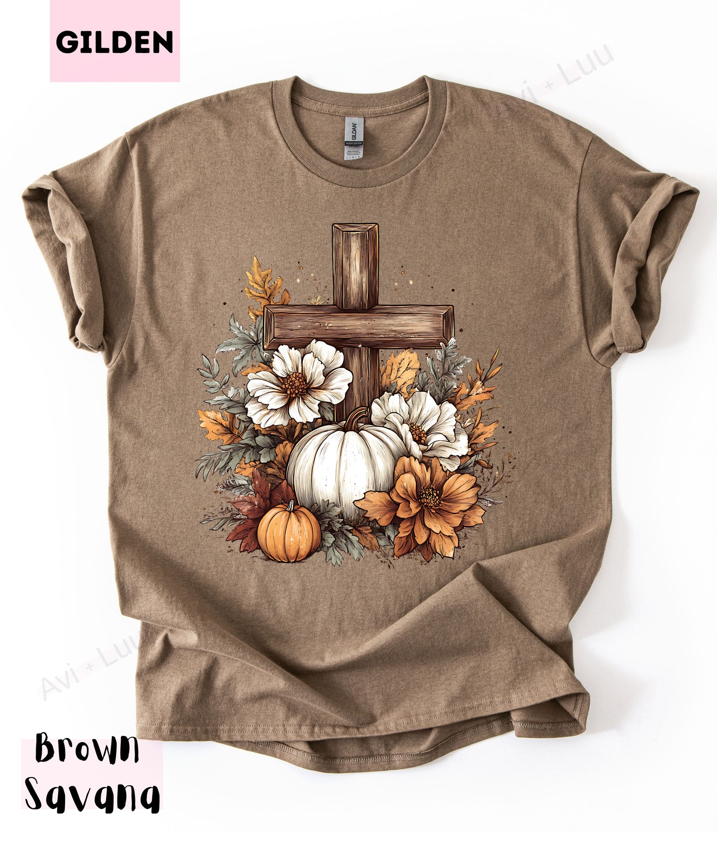 Wooden Cross Pumpkin Flower | Gilden Unisex T-Shirt