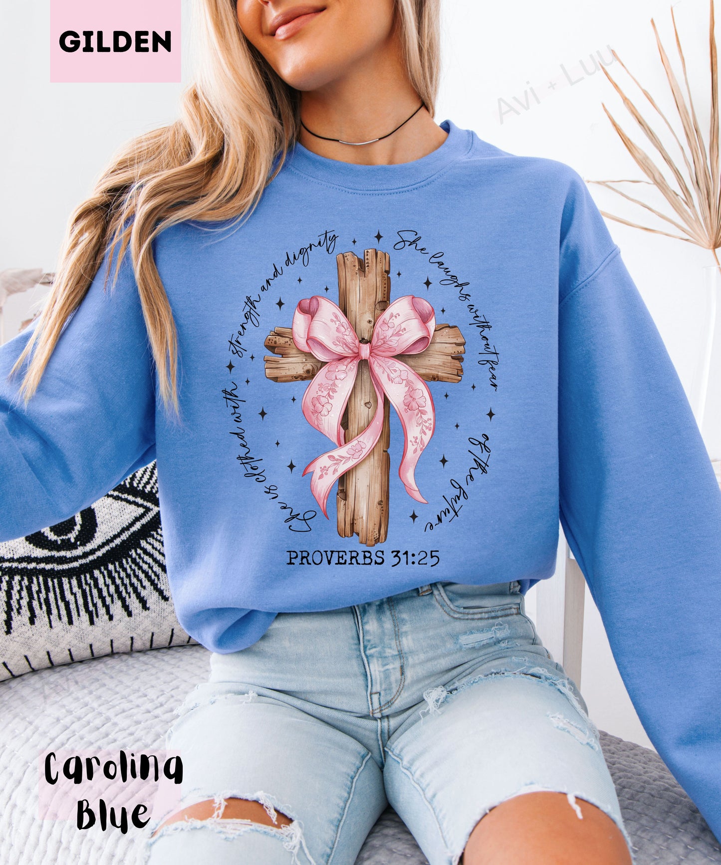 Wooden Cross Pink Bow | Gilden Unisex Sweatshirt