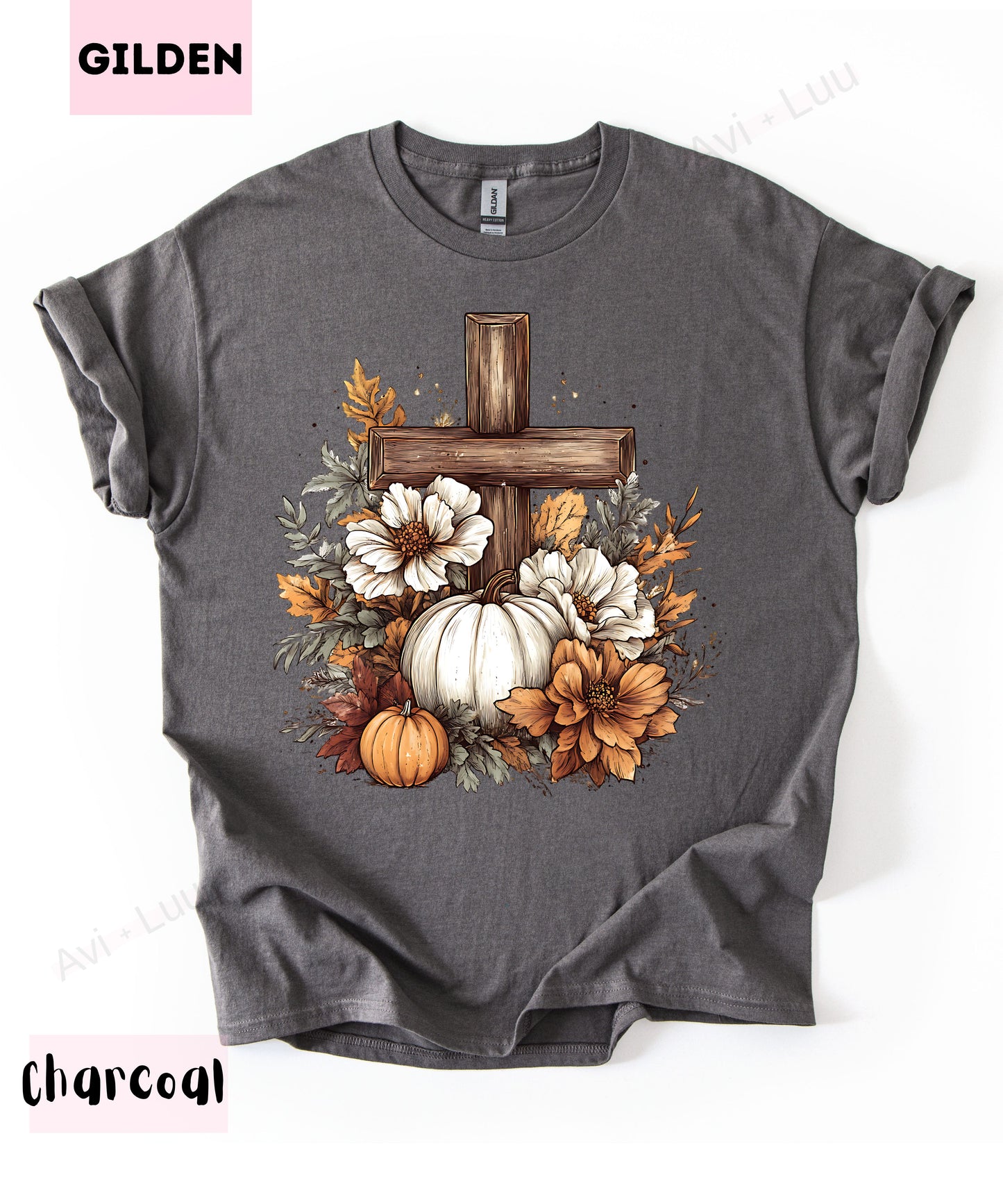Wooden Cross Pumpkin Flower | Gilden Unisex T-Shirt