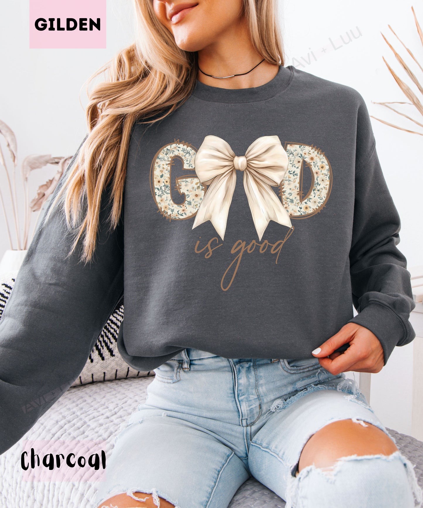 God Is Good Floral Cream Bow | Gilden Unisex Sweatshirt