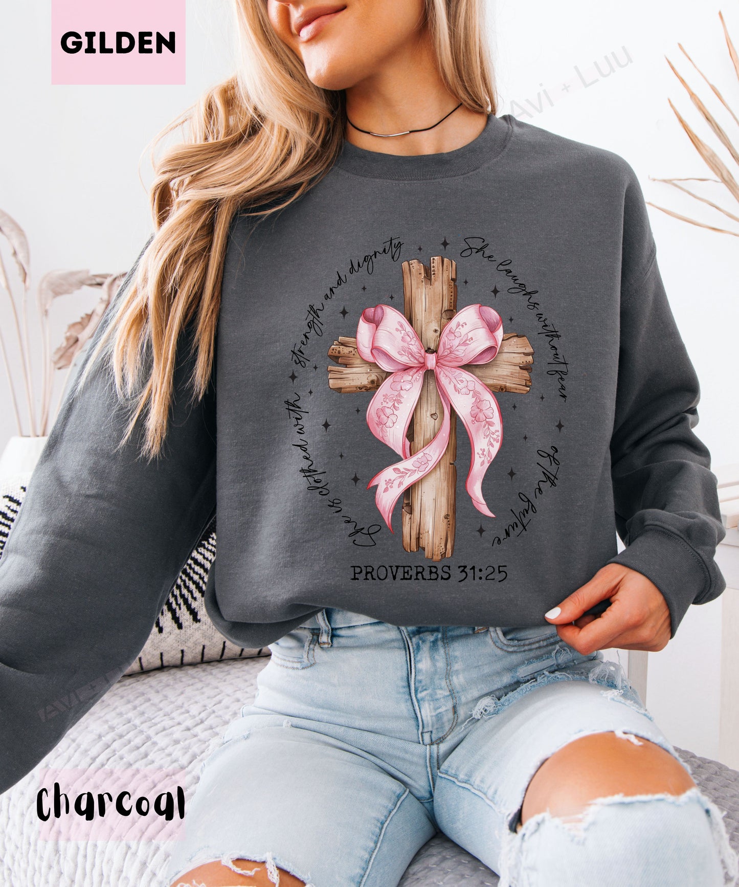 Wooden Cross Pink Bow | Gilden Unisex Sweatshirt