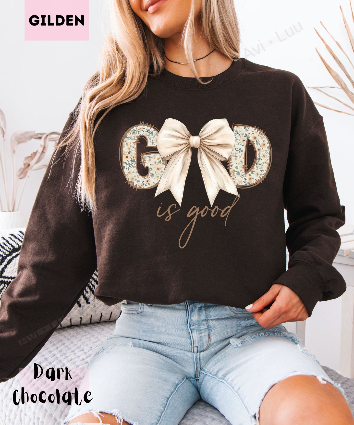 God Is Good Floral Cream Bow | Gilden Unisex Sweatshirt