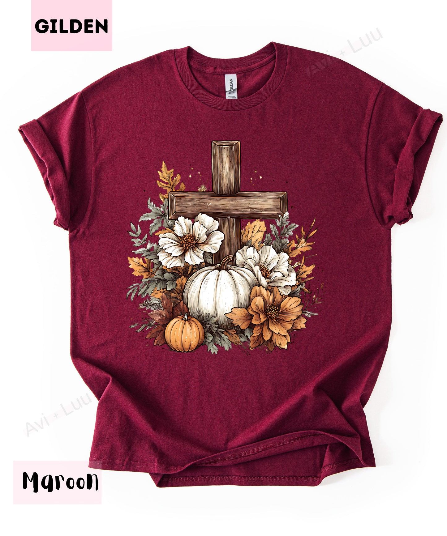 Wooden Cross Pumpkin Flower | Gilden Unisex T-Shirt