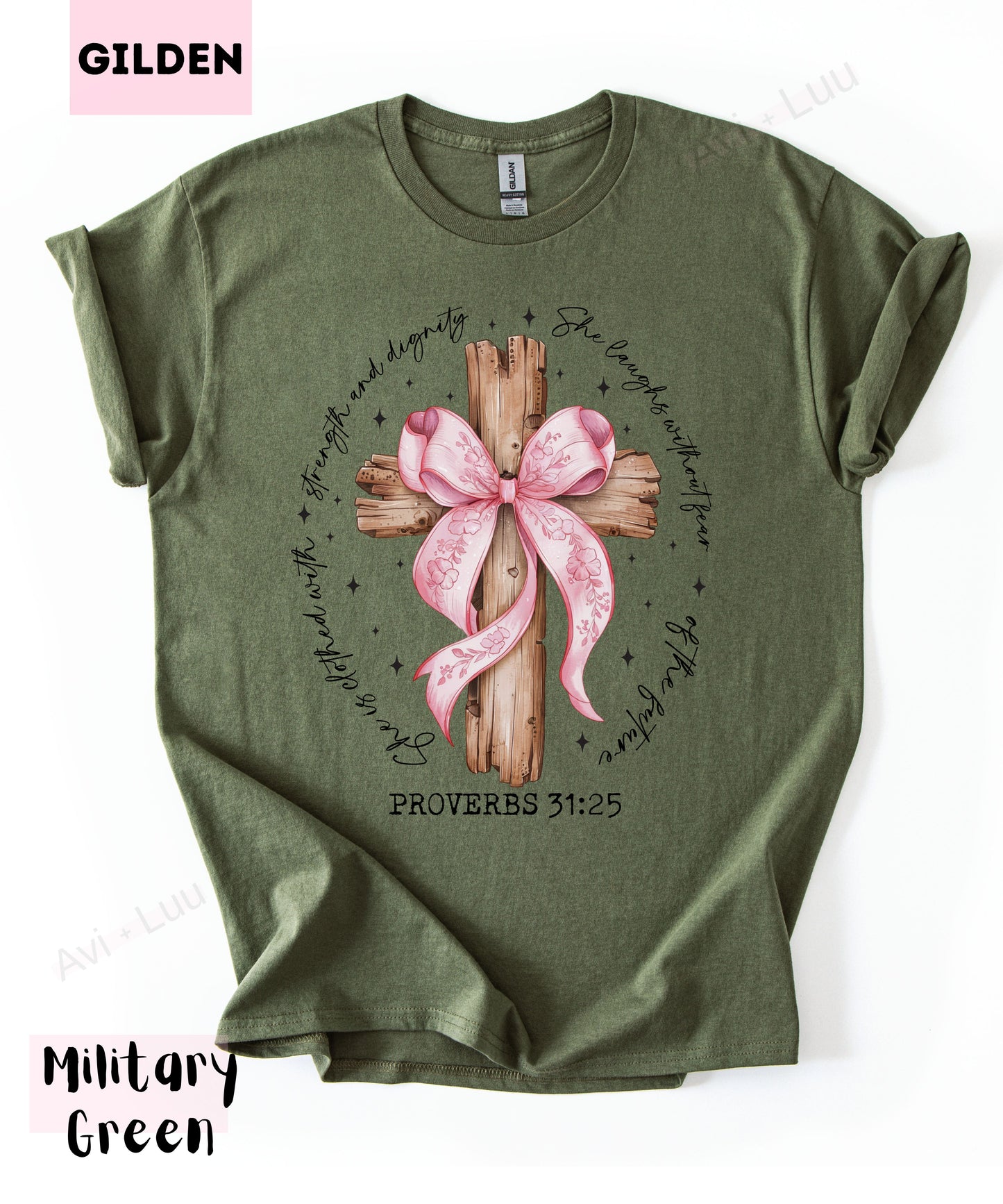 Wooden Cross Pink Bow | Gilden Unisex T-Shirt