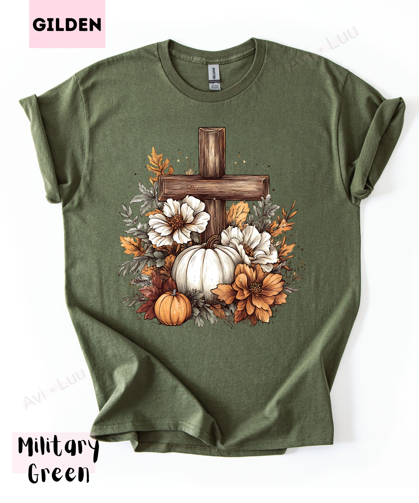 Wooden Cross Pumpkin Flower | Gilden Unisex T-Shirt