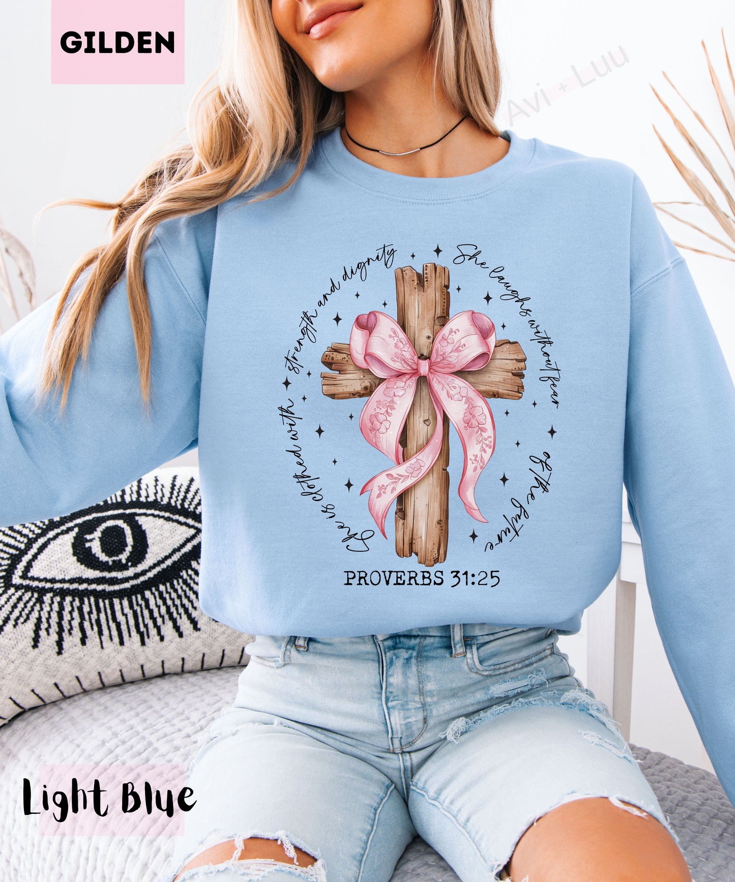 Wooden Cross Pink Bow | Gilden Unisex Sweatshirt