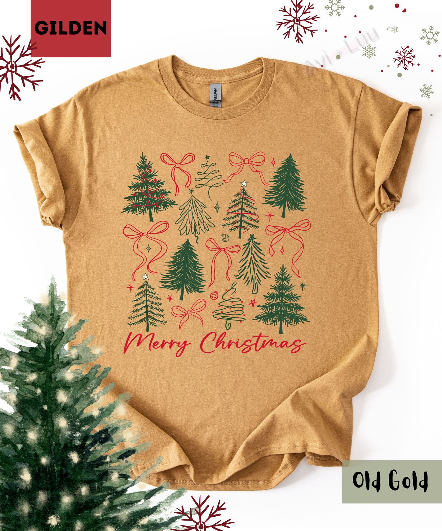 Merry Christmas Bows+Trees | Gilden Unisex T-Shirt