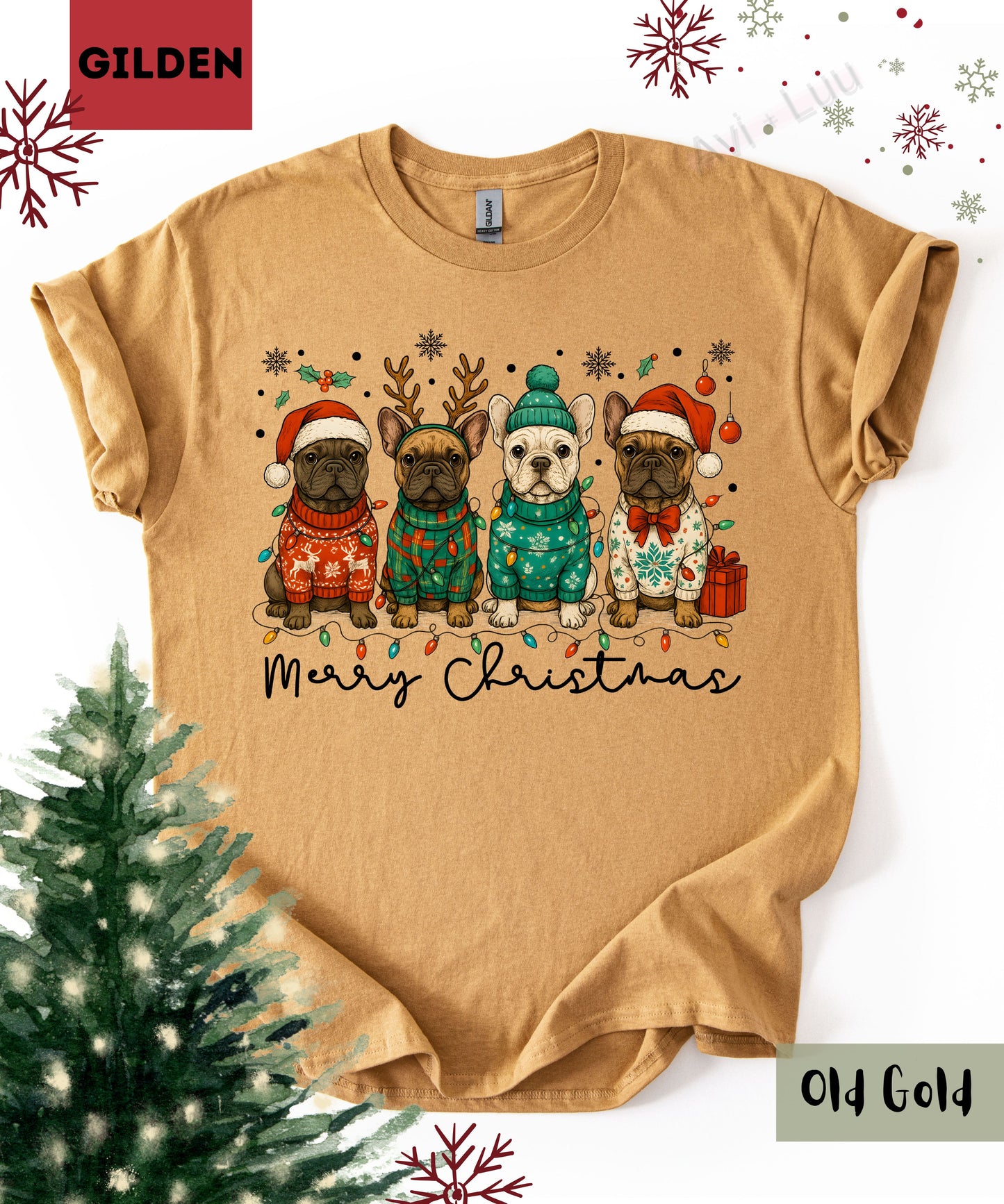 Frenchie Merry Christmas | Gilden Unisex T-Shirt