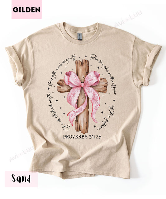 Wooden Cross Pink Bow | Gilden Unisex T-Shirt