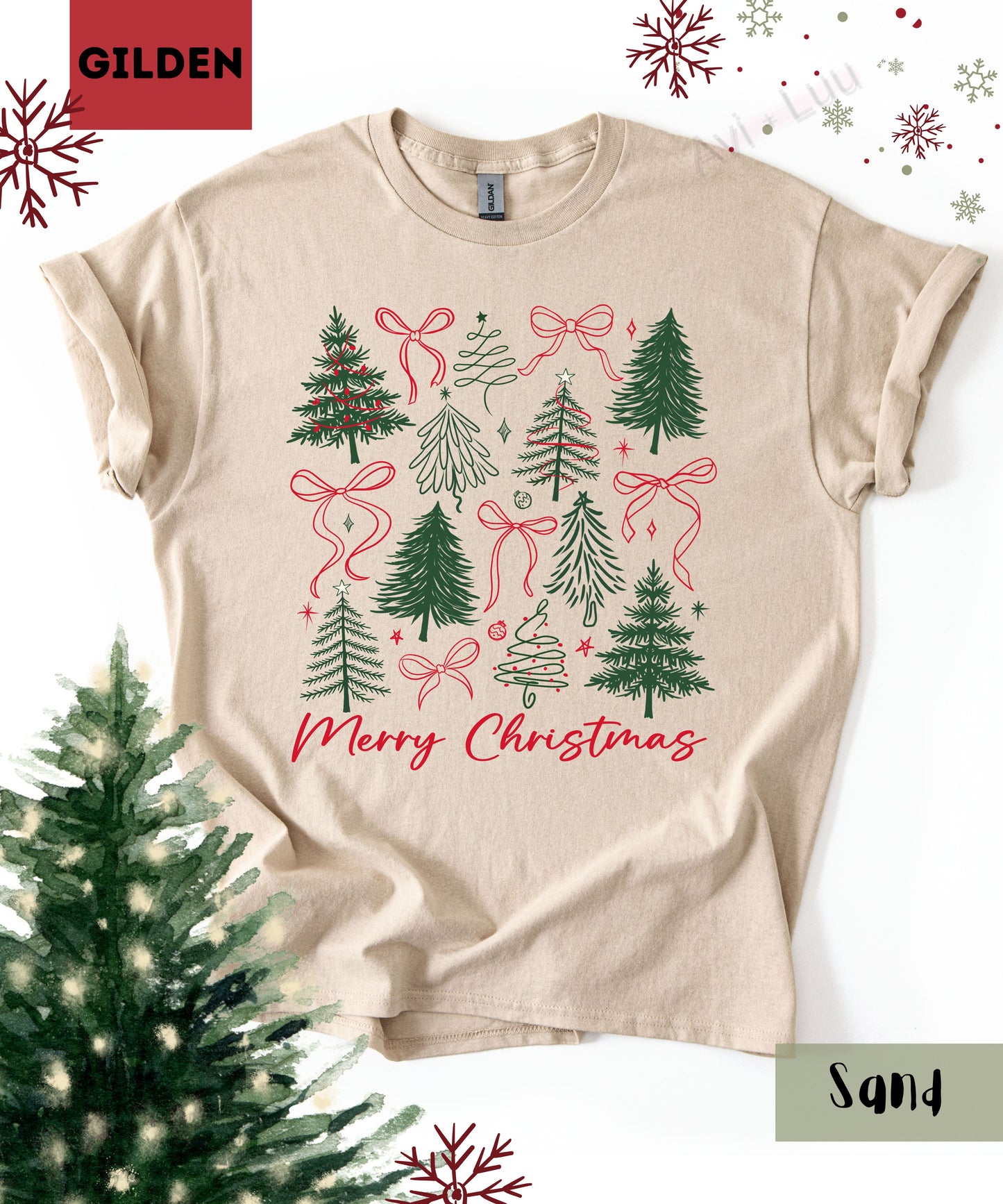 Merry Christmas Bows+Trees | Gilden Unisex T-Shirt