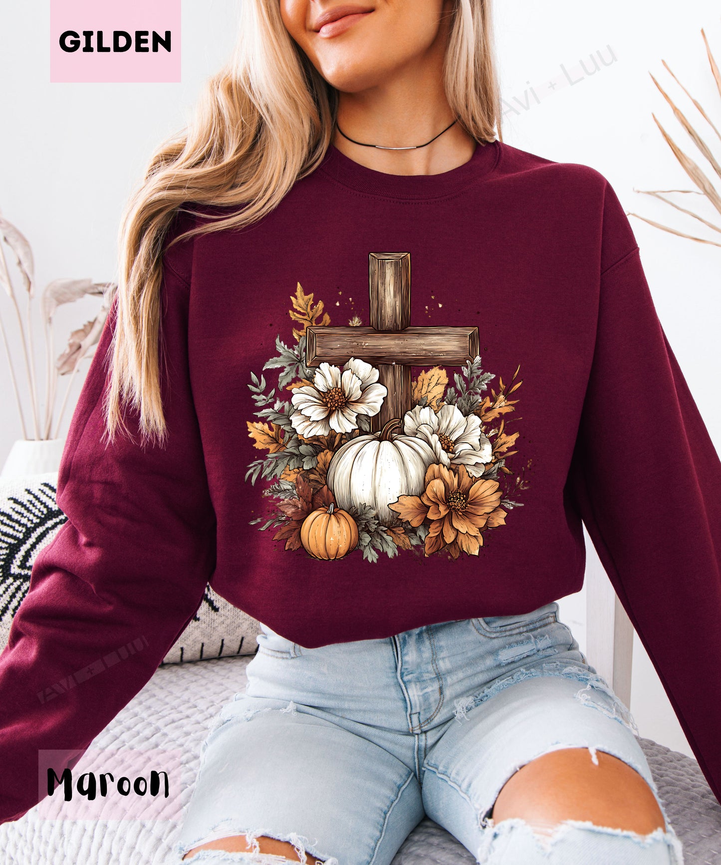 Wooden Cross Pumpkin Flower | Gilden Unisex Sweatshirt