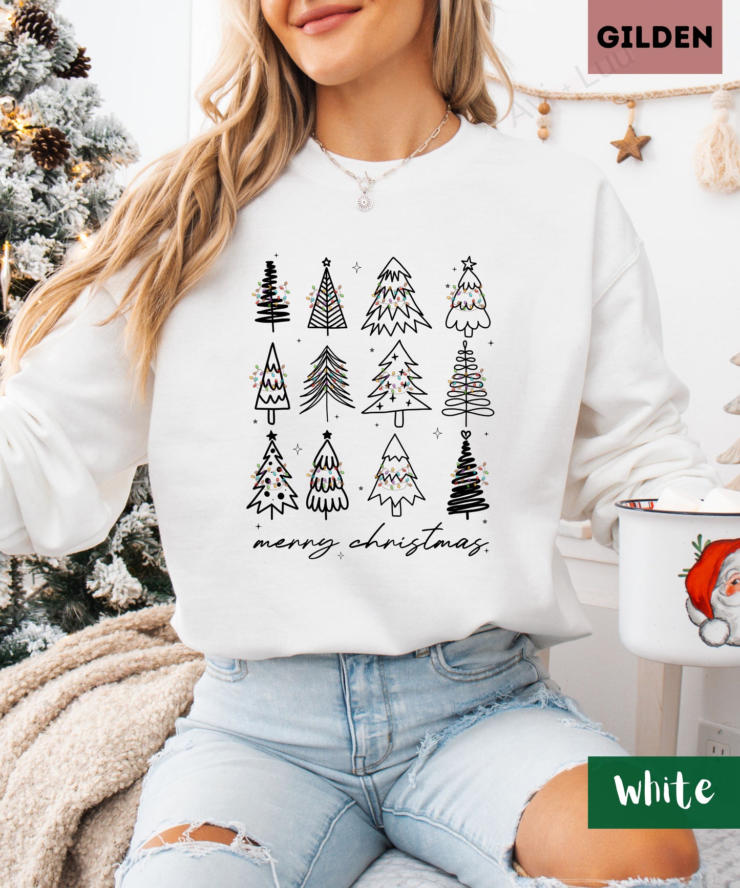 Merry Christmas Outline Trees| Gilden Unisex Sweatshirt