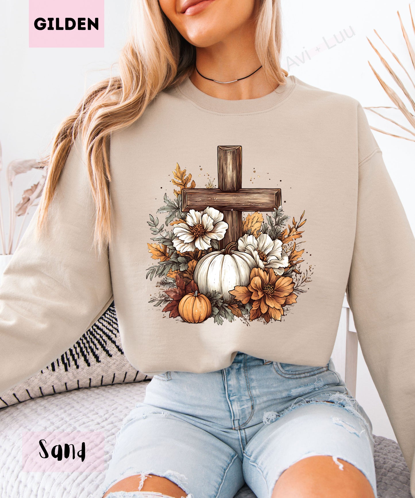 Wooden Cross Pumpkin Flower | Gilden Unisex Sweatshirt
