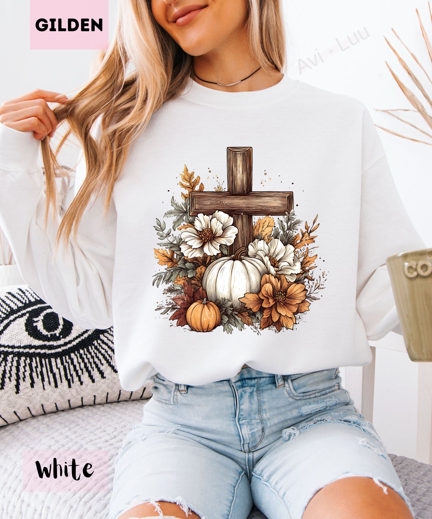 Wooden Cross Pumpkin Flower | Gilden Unisex Sweatshirt