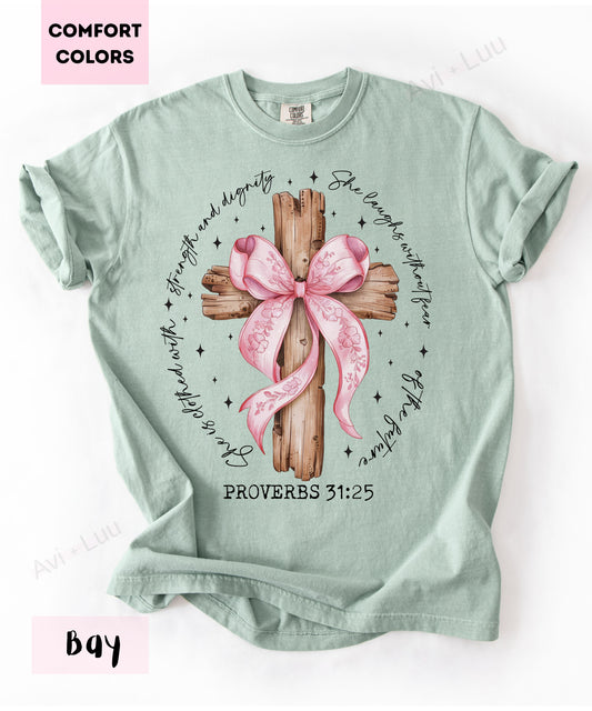 Proverbs 31:25 Wooden Cross | Comfort Colors Unisex T-Shirt
