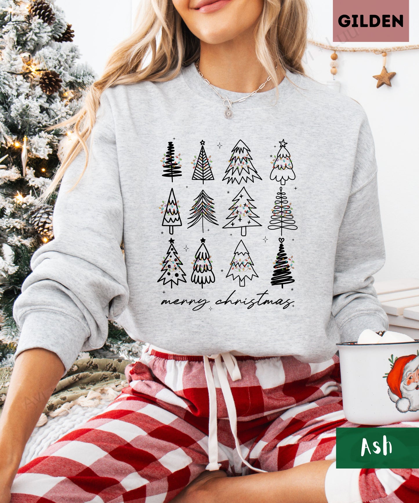 Merry Christmas Outline Trees| Gilden Unisex Sweatshirt
