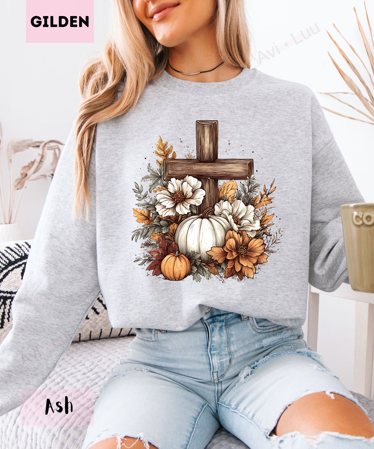 Wooden Cross Pumpkin Flower | Gilden Unisex Sweatshirt