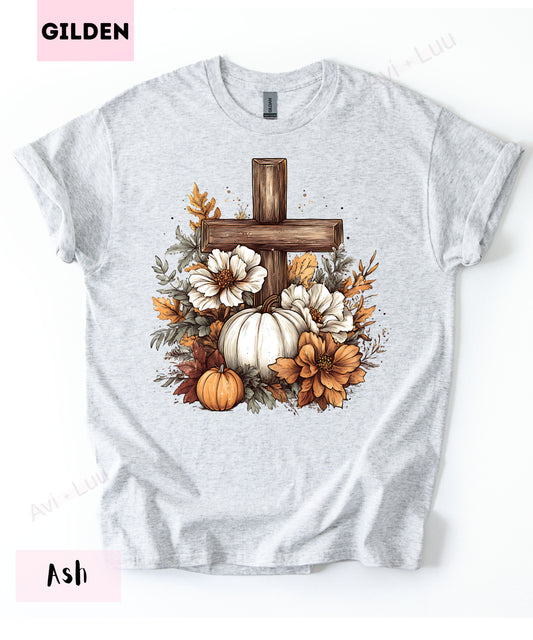 Wooden Cross Pumpkin Flower | Gilden Unisex T-Shirt