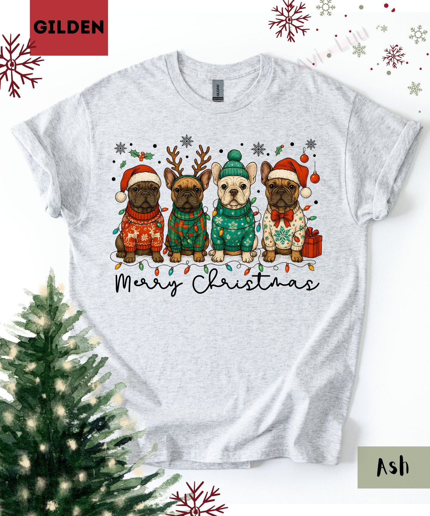 Frenchie Merry Christmas | Gilden Unisex T-Shirt