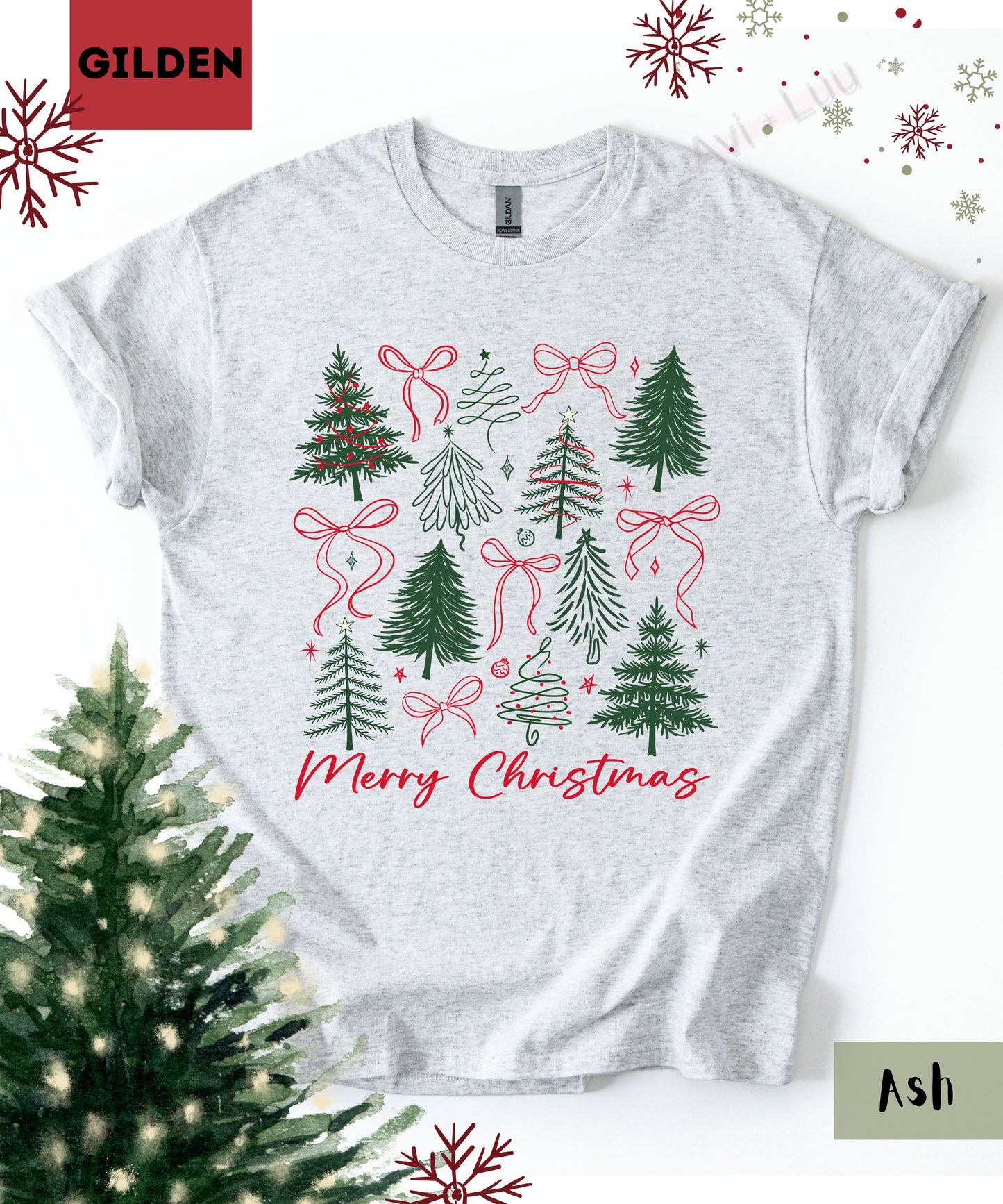 Merry Christmas Bows+Trees | Gilden Unisex T-Shirt