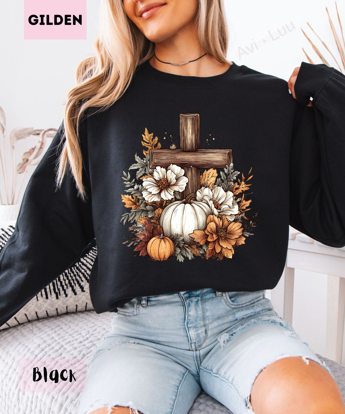 Wooden Cross Pumpkin Flower | Gilden Unisex Sweatshirt