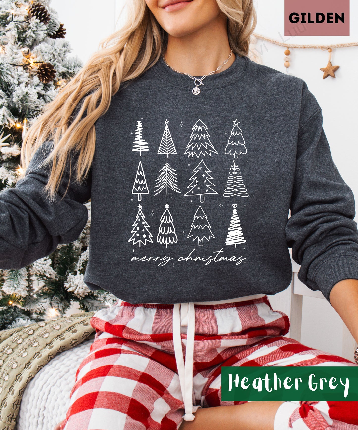 Merry Christmas Outline Trees| Gilden Unisex Sweatshirt