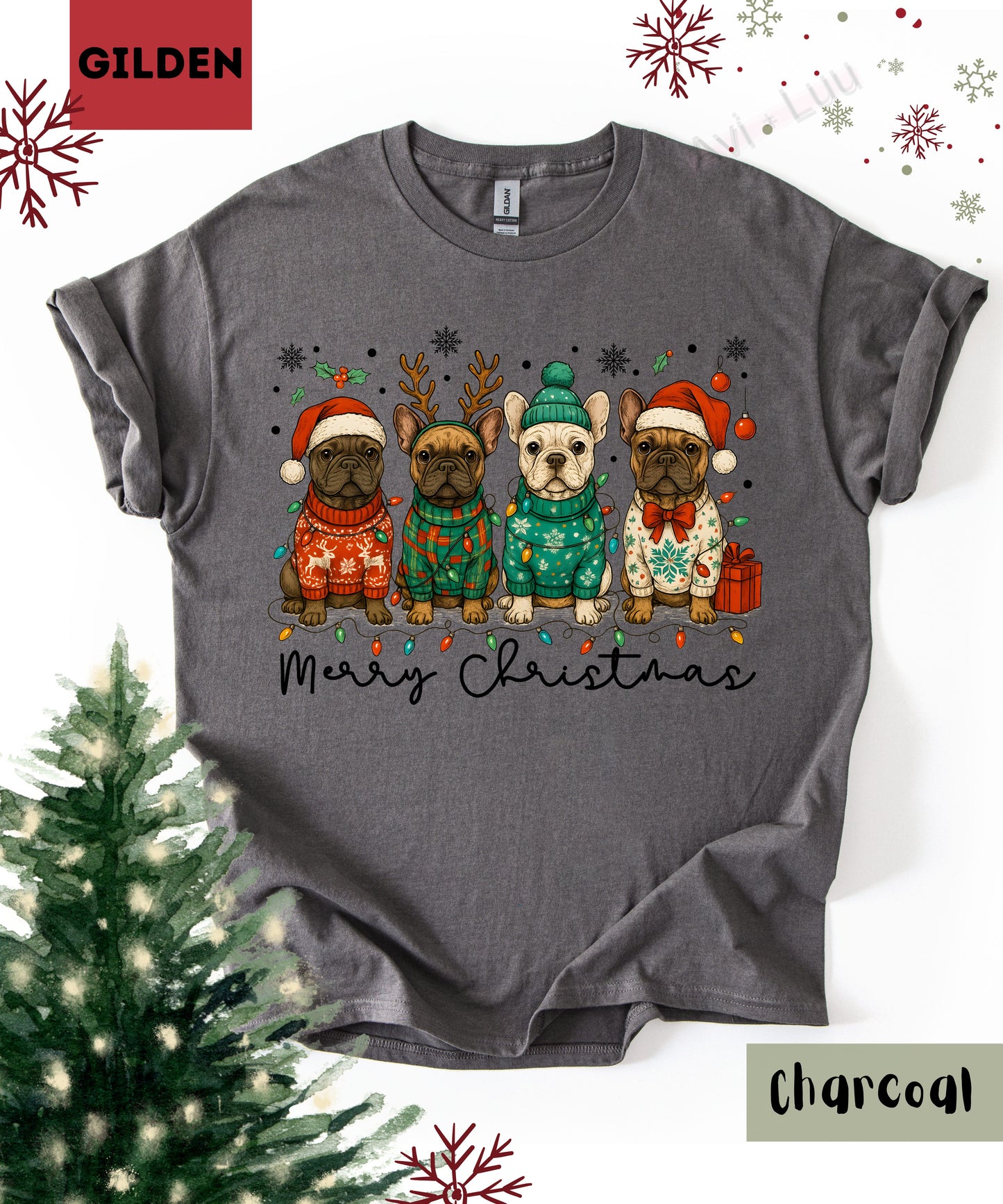 Frenchie Merry Christmas | Gilden Unisex T-Shirt
