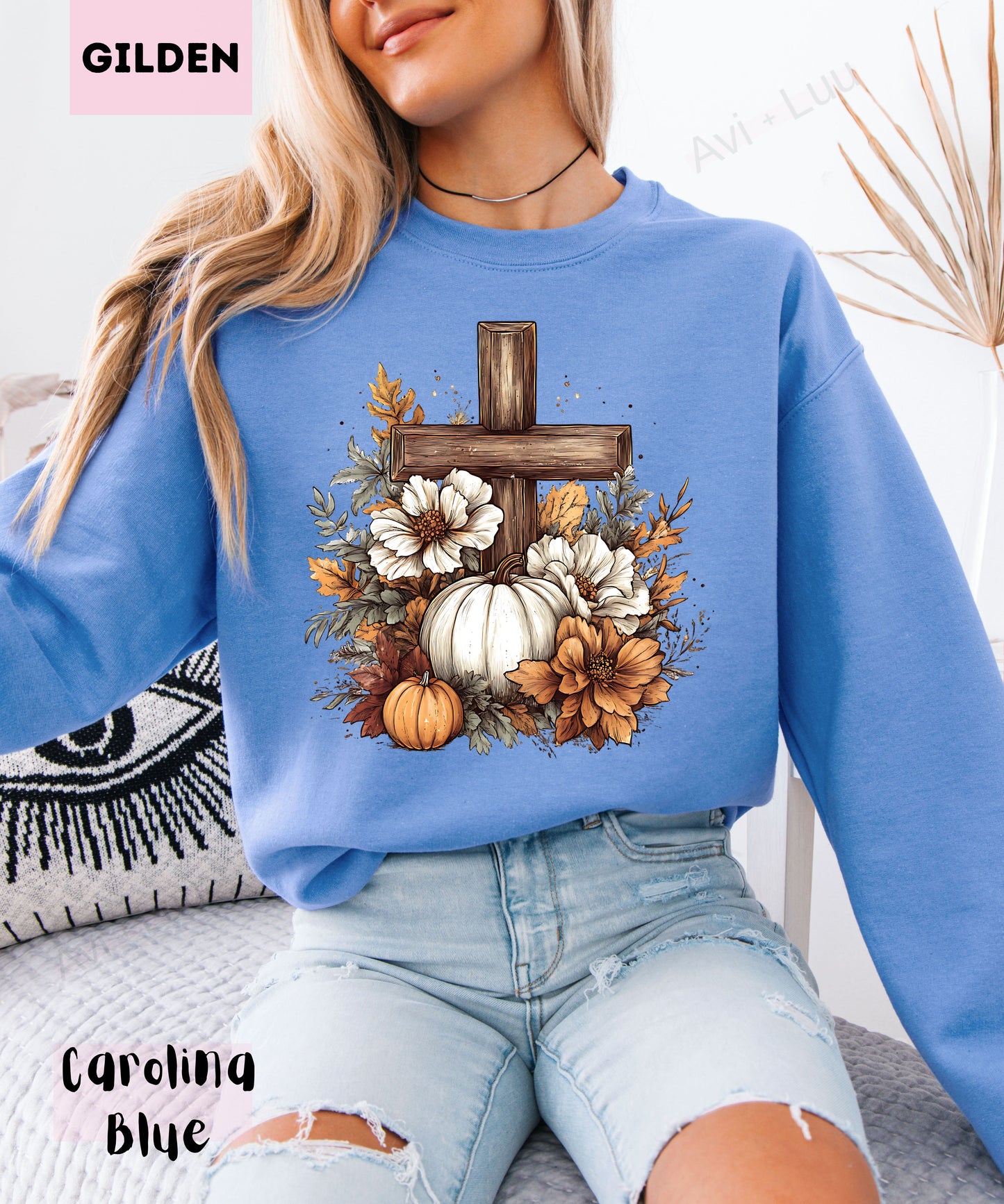 Wooden Cross Pumpkin Flower | Gilden Unisex Sweatshirt