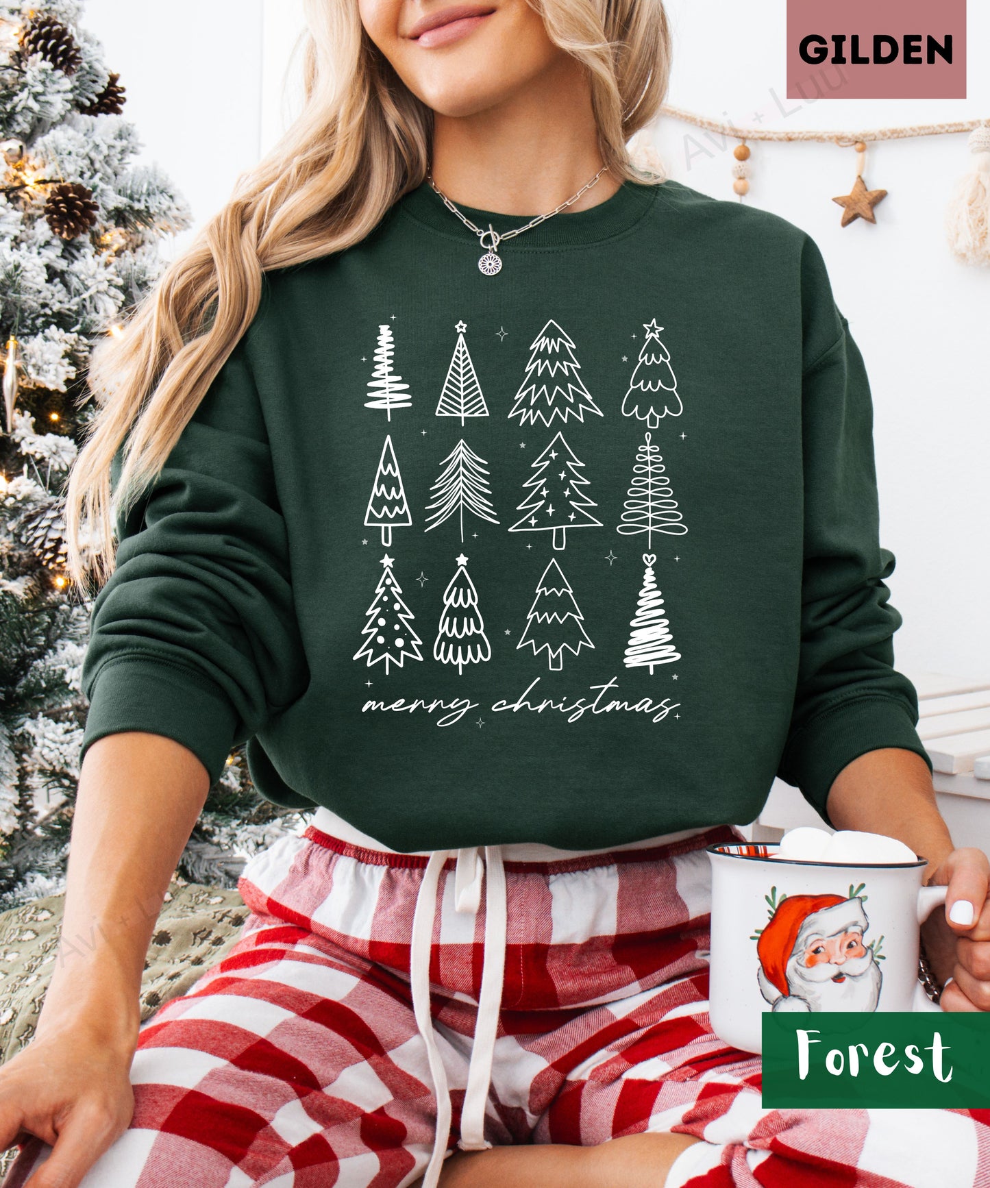 Merry Christmas Outline Trees| Gilden Unisex Sweatshirt