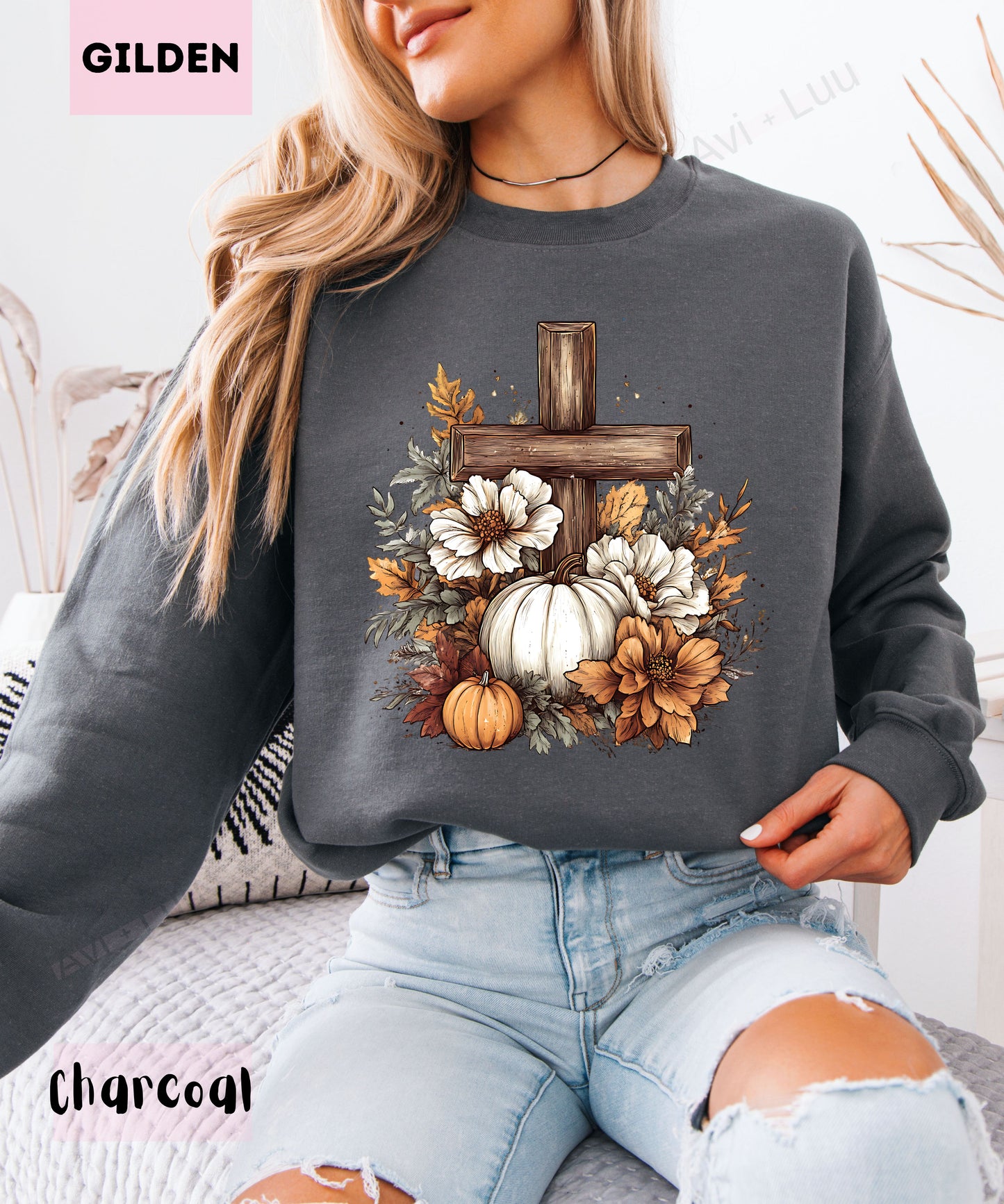 Wooden Cross Pumpkin Flower | Gilden Unisex Sweatshirt