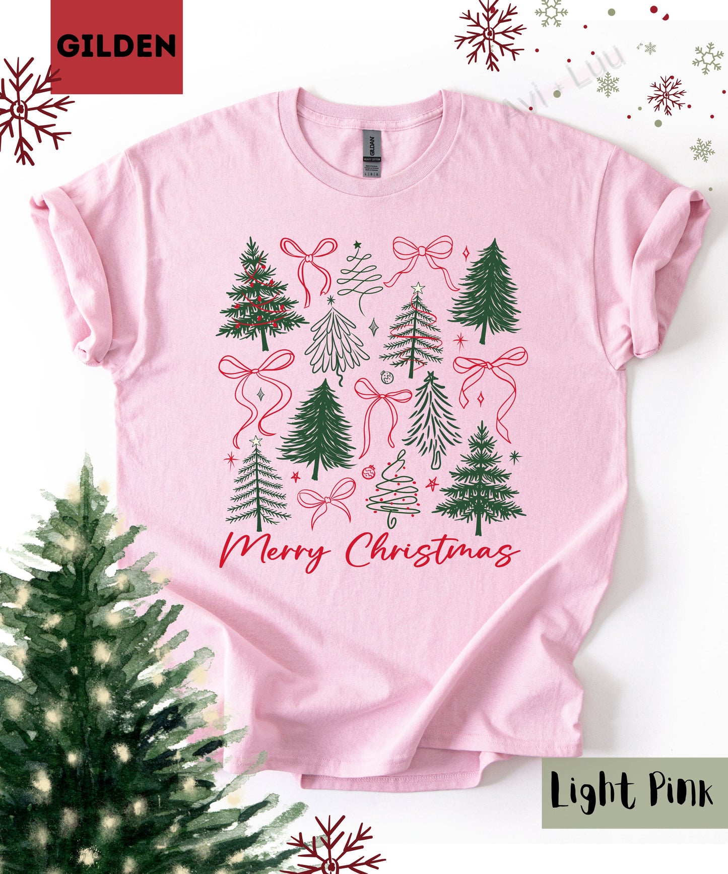 Merry Christmas Bows+Trees | Gilden Unisex T-Shirt
