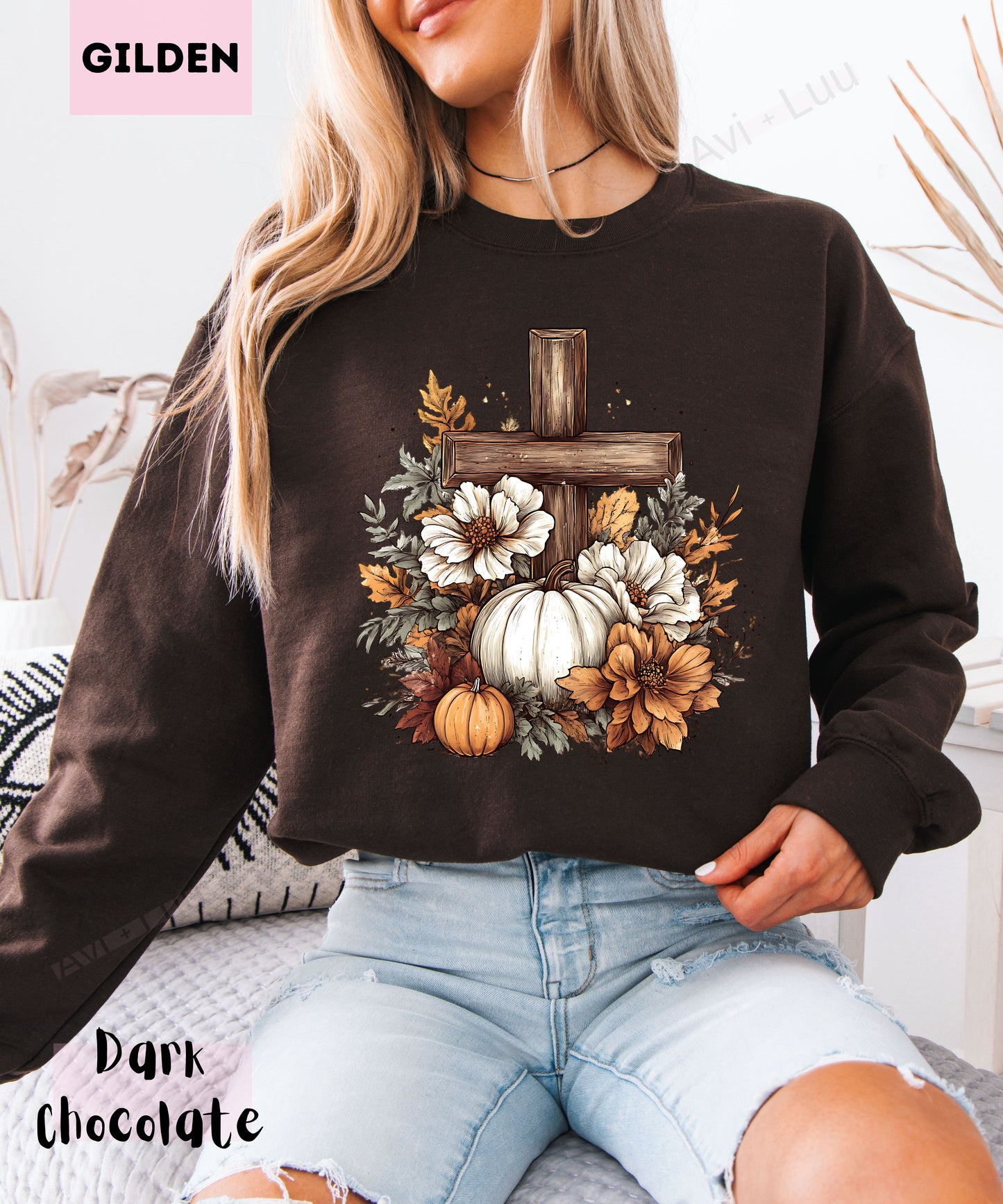 Wooden Cross Pumpkin Flower | Gilden Unisex Sweatshirt