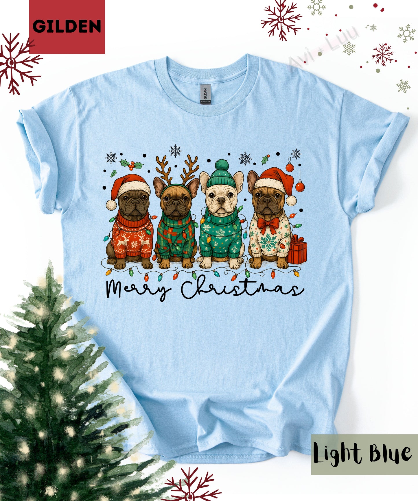Frenchie Merry Christmas | Gilden Unisex T-Shirt